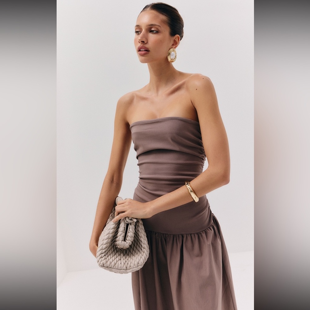 Taupe Stretch Woven Bandeau Ruched Maxi Dress